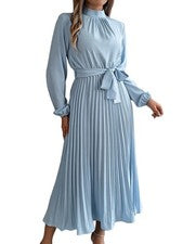 Vestido para mujer manga larga plisado informal semi formal cuello falso línea A fluido4146
