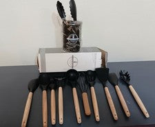 12 piezas Juego de utensilios de silicona con soporte, asas de madera, material ecológico.