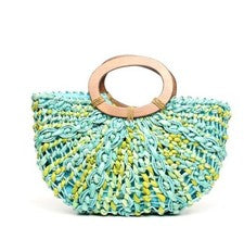 Bolso de Mano AHAVA Para Mujer Estilo Boho Abuela Costera Tejido Paja Azul Verde Playa