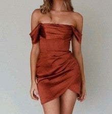 Mini Vestido Hombro Descubierto Satinado Chocolate Naranja Mujer Talla Pequeña Glamour Evento