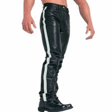 Pantalones de motociclista estilo correa lateral blanca de cuero de vaca genuino para hombre real