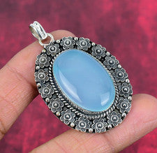 Increíble colgante de joyería hecha a mano con piedras preciosas de calcedonia azul de plata de ley 925