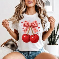 Linda camiseta con lazo de cereza para mujer tejida corazón San Valentín moda regalo de cumpleaños