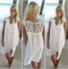 Sexy Vestido Elegante Suelto Manga Corta Acampanado Encaje Floral Vintage Cuello en V para Mujer