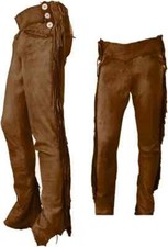 Hombres Marrón Vaquero Americano Occidental Gamuza Cuero Pantalón Pierna Lateral Botones y Flecos