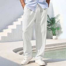 Pantalones de algodón y lino para hombre pierna recta ligeros transpirables estilo playa.