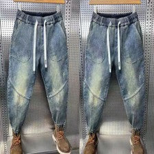 Moda Para Hombres Denim Cordón Harén Pantalones Cintura Elástica Retro Jeans Informales Pantalones
