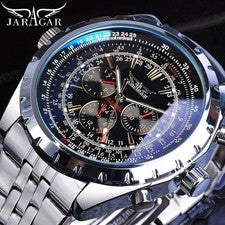 Reloj de pulsera mecánico militar plateado de acero inoxidable automático de lujo para hombre