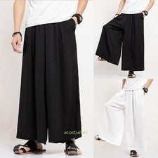 Hombres Pantalones Sueltos Pierna Ancha Cintura Elástica Pantalones Bolsillo Estilo Oriental Lisos