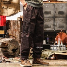 Retro Estilo Americano Hombres Pantalones Rectos Carga Algodón Pantalones Largos Otoño Bolsillo