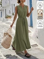 Vestido largo de mujer con escote de muescas en verde