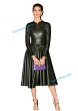 Mujeres Negro Cuero Cuello Redondo Vestido Calce Ajustado Moda Fiesta Trajes Ropa de Moda