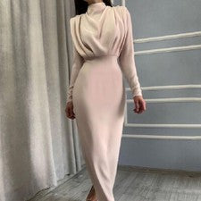 Maxi Vestido Para Mujer Cuello Alto Manga Larga Plisado Calce Ajustado Moda Fiesta Baile Vestido