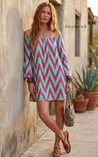 EE. UU. Nuevo VESTIDO TÚNICA MANGA CAMPANA CHEVRON VERDE MENTA HOMBRO DESCUBIERTO MUJER