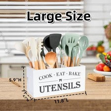 Soporte para Utensilios de Cocina con 3 Compartimentos, Almacenamiento de Madera Rústica Blanco