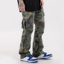 Pantalones Camuflados Carga Para Hombres Acampanados Campana Parte Inferior Pantalones Bolsillos Leopardo Empalme Moda