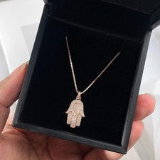 Collar Colgante Mano Hamsa Moissanita Real Completo Hip Hop Plata de Ley 925