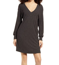 Nuevo Mini Vestido Para Mujer Socialite S Manga Larga Gris Carbón Doble V Cepillo Tejido