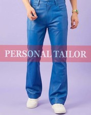 Pantalón de mezclilla de cuero de cordero azul genuino para hombre estilo bootcut pantalón 5 bolsillos