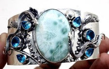 Brazalete Brazalete Joyería Plata Esterlina 925 Piedras Preciosas Larimar y Topacio Único S-ADJ