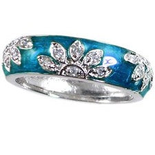 _ANILLOS BANDA TURQUESA/VERDE AZULADO ESMALTE FLORAL CIRCONITA_TALLA-6__PLATA ESTERLINA 925