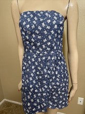 Mujer Azul Floral Algodón Informal Verano Abierta Cremallera Vestido Solero Talla S