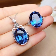 Nuevo conjunto de 2 piezas de anillos colgantes collar plata topacio azul océano piedras preciosas para mujer