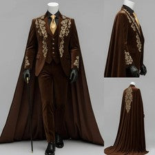 Trajes de terciopelo para hombre con capa larga ropa de cena fiesta 2 piezas chaqueta de noche abrigo