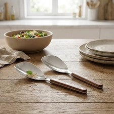 Juego de 2 cucharas para verduras 304 acero inoxidable diseño esquinero mango de madera
