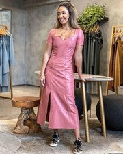 Elegante Vestido Suave Piel de Cordero Para Mujer Nuevo De Moda Rosa Caliente Fiesta Cuero