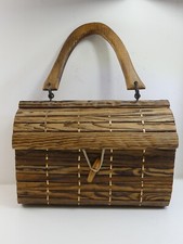 (RefJOH) Precioso bolso de mano de madera con cierre de palanca e interior de arpillera, nuevo