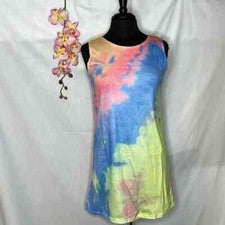 Mujer Azul Amarillo Sin Mangas Tie Dye Mini Vestido Talla Grande Nuevo Sin Etiquetas
