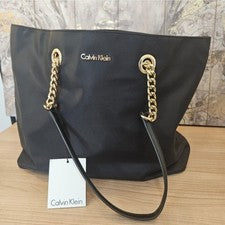 Bolso de hombro para mujer Calvin Klein negro cadena grande dorado con logotipo de herrajes nuevo con etiquetas