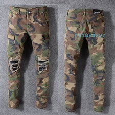 Pantalones ajustados de motociclista deshilachados elásticos informales estilo rasgado camuflaje ajustados para hombre