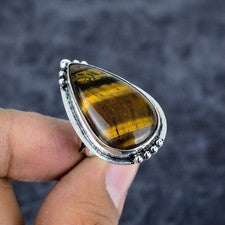 Anillo de joyería de plata de ley 925 hecho a mano con piedras preciosas ojo de tigre tamaño 7,5 W310