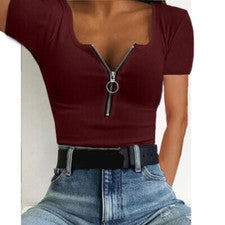 Sexy Camiseta Para Mujer con Cremallera Informal Manga Corta Calce Ajustado Moda Informal Camiseta