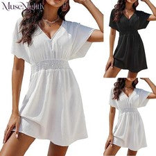 Para Mujer Vestido Verano Nuevo Moda Playa Sol Falda Informal Cuello en V Plisado Vestido