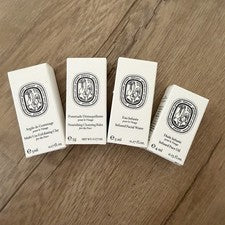 4 piezas muestras Diptyque, arcilla exfoliante, bálsamo limpiador, agua facial, aceite facial
