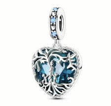 DIJE COLGANTE CORAZÓN AZUL PLATA ESTERLINA CON ÁRBOL DE LA VIDA Y CRISTALES REGALO
