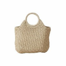 Bolso de Paja con Asa de Anillo Estilo Casual Bolso de Cesta Redondo Look Retro para el Día a Día