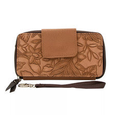 Cartera sin asas de diseño para mujer de cuero sintético floral en relieve con RFID en camel