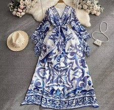 Moda Pasarela Vestido de Vacaciones Para Mujer Otoño Azul y Blanco Porcelana m-xxl
