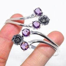 Brazalete ajustable de plata de ley 925 hecho a mano con piedras preciosas de amatista púrpura