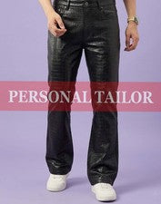 Pantalón de mezclilla estilo bootcut 5 bolsillos de piel de cordero negro de cuero de cocodrilo para hombre
