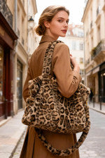 Bolso de hombro grande informal de piel sintética con gráfico de leopardo para mujer