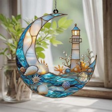 Atrapasol Luna Media Luna, Faro Océano Estilo Acrílico, Decoración Náutica Costera