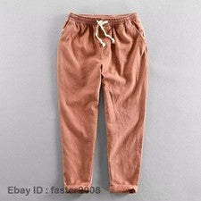 Nuevo Primavera Estilo Chino Para Hombre Informal Lino Color Sólido Pantalones Sueltos Recortados Pantalón