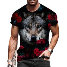Camiseta Hombre Moda Lobo Flor Gráfico Manga corta Negro Antiguo Camiseta Informal
