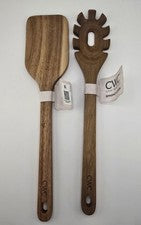 Juego de 2 utensilios de cocina de madera CWC espátula giratoria y cuchara de espagueti nuevo con etiquetas
