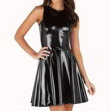 Vestido sin mangas de mujer de cuero sintético línea A negro sin mangas cortas Slim Fit Gothic